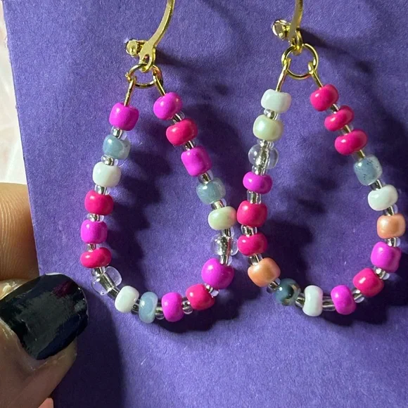Pink, White & Blue Beaded Hoops | Handmade - Picture 2 of 3